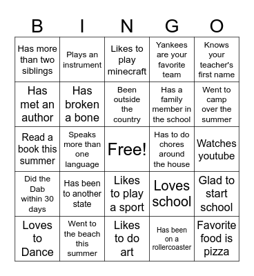 First Day of School Bingo Card