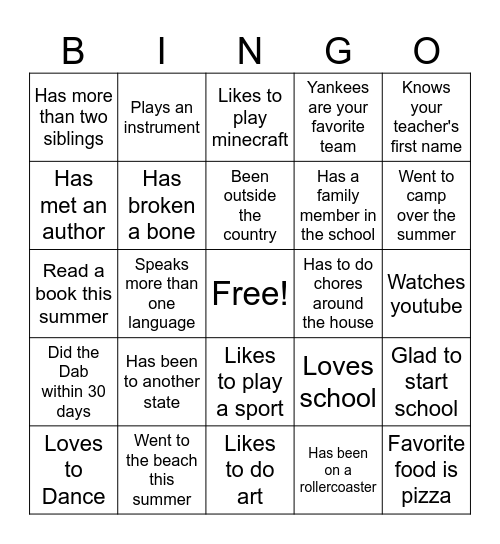 First Day of School Bingo Card