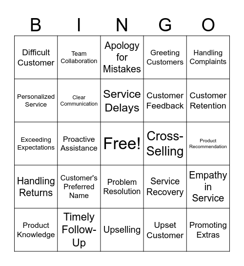 Customer Service Bingo Card