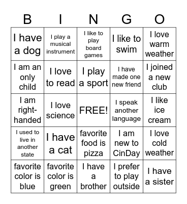 New Student Bingo Card