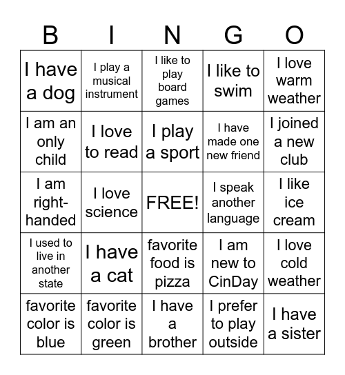 New Student Bingo Card