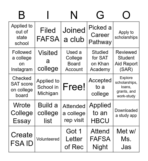 College Prep Bingo Card