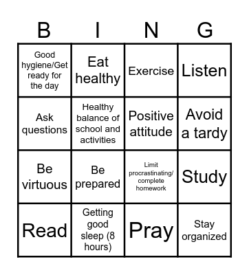 7th Grade Healthy Habits Bingo Card