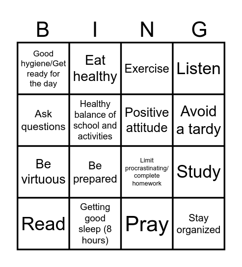 7th Grade Healthy Habits Bingo Card