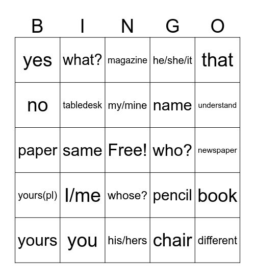 Lesson 1 Vocabulary Bingo Card