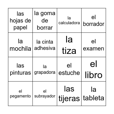 El material escolar Bingo Card