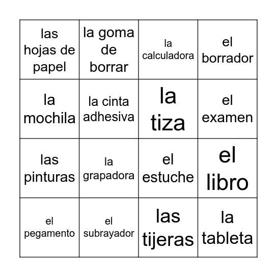 El material escolar Bingo Card