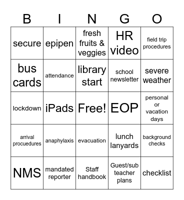 Important Policies and Practices Bingo Card