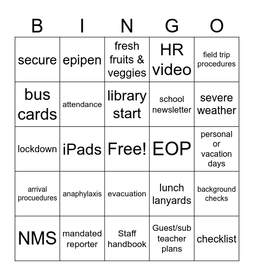 Important Policies and Practices Bingo Card