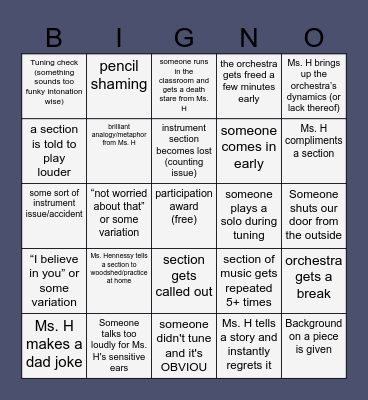 Orchestra Sectional Bingo Card