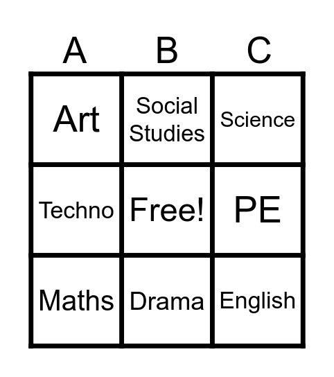 Subjects Bingo Card