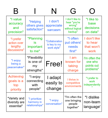 Color Personality Bingo Card