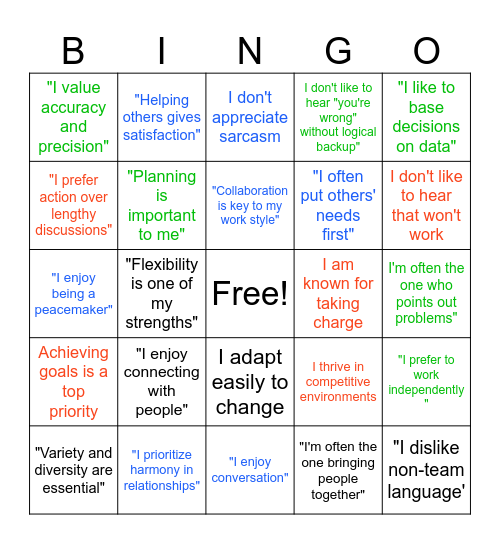 Color Personality Bingo Card