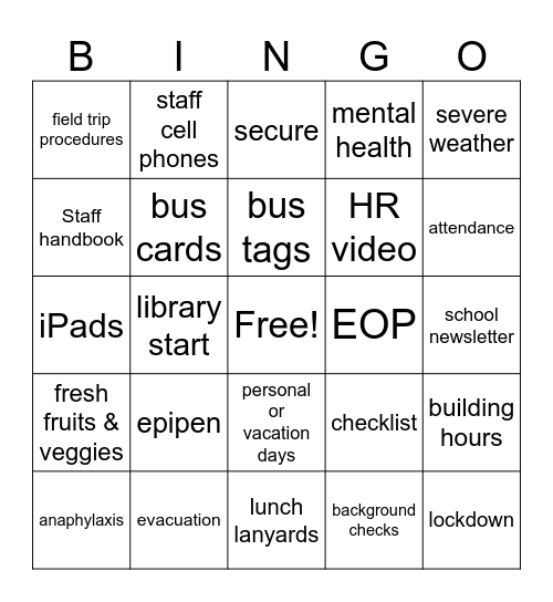 Important Policies and Practices Bingo Card