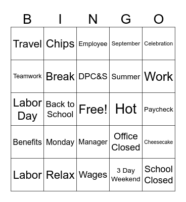 Labor Day Bingo Card