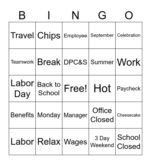 Labor Day Bingo Card