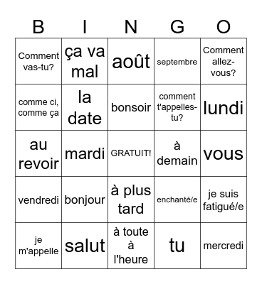 Bonjour! Bingo Card