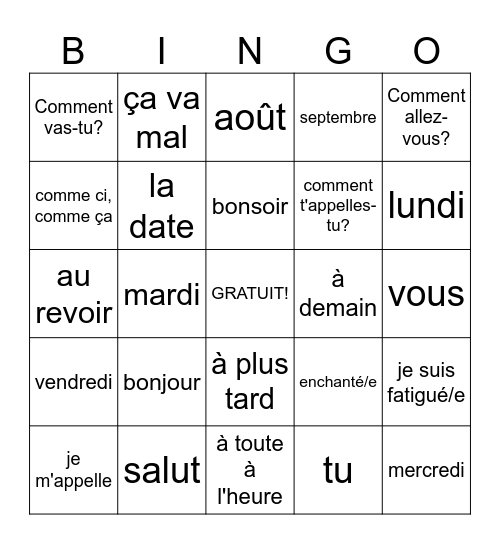 Bonjour! Bingo Card