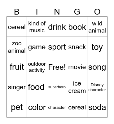 Favorites Bingo Card