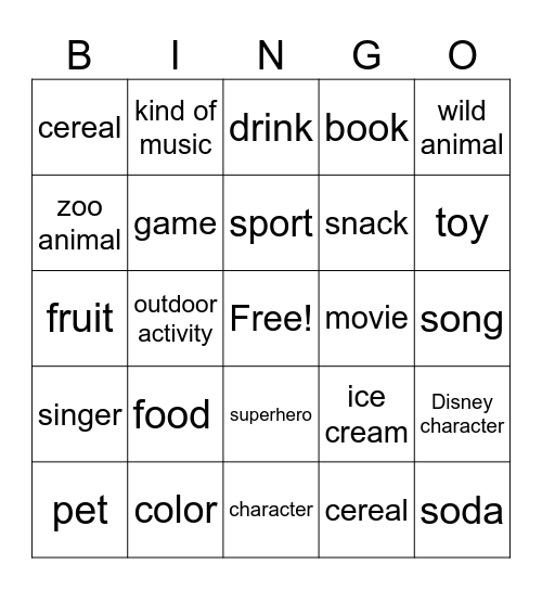 Favorites Bingo Card