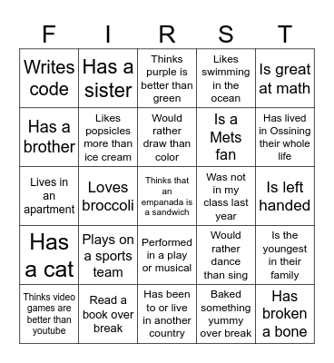 First Day of School Bingo Card