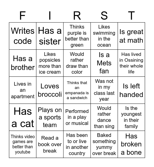 First Day of School Bingo Card