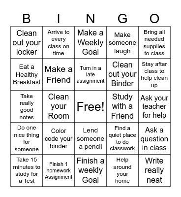 Organizational Skills Bingo Card