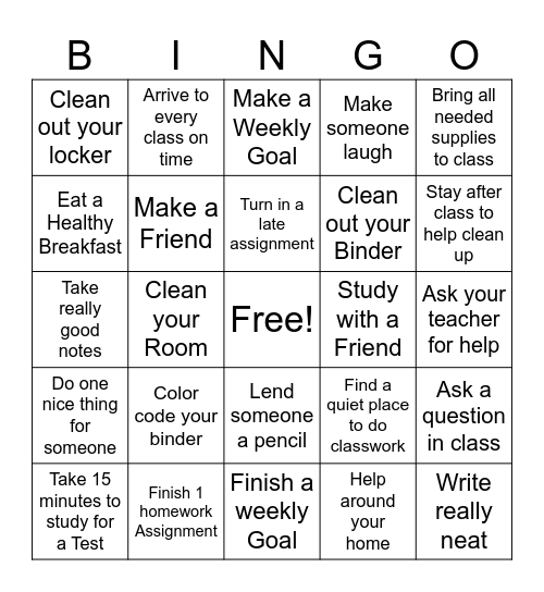 Organizational Skills Bingo Card