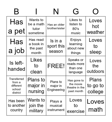 New Student Bingo Card