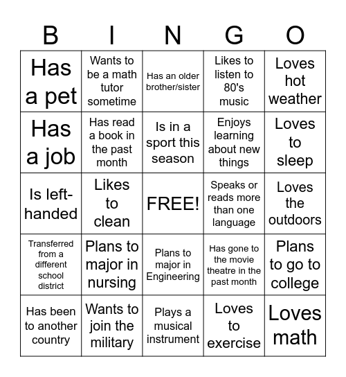 New Student Bingo Card