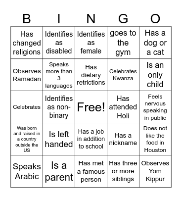 ENGI 501: Get to Know Each Other Bingo Card