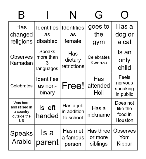 ENGI 501: Get to Know Each Other Bingo Card