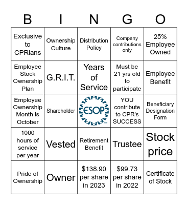 CPR's ESOP Bingo Card