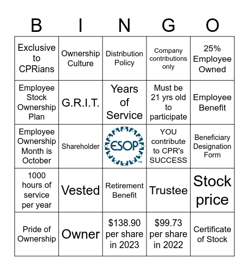 CPR's ESOP Bingo Card