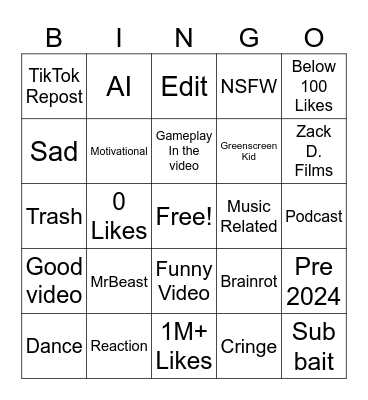SHORTS BINGO Card