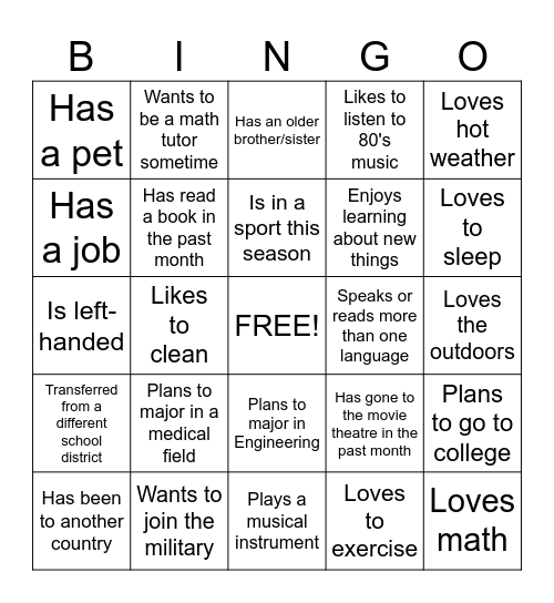 Student Bingo Card