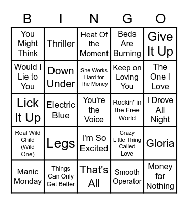 Ultimate 80's Bingo Card