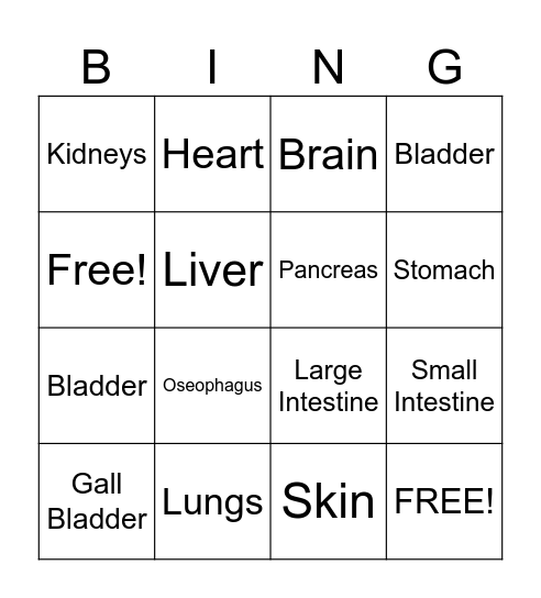 Body Parks Bingo Card