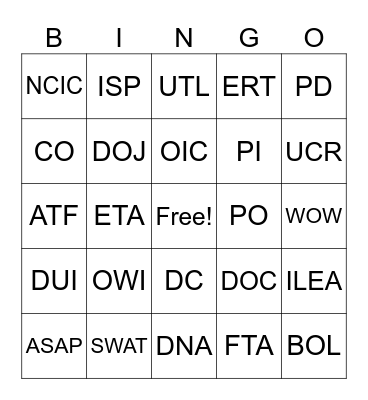 Criminal Justice Acronyms Bingo Card