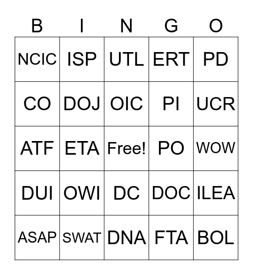 Criminal Justice Acronyms Bingo Card