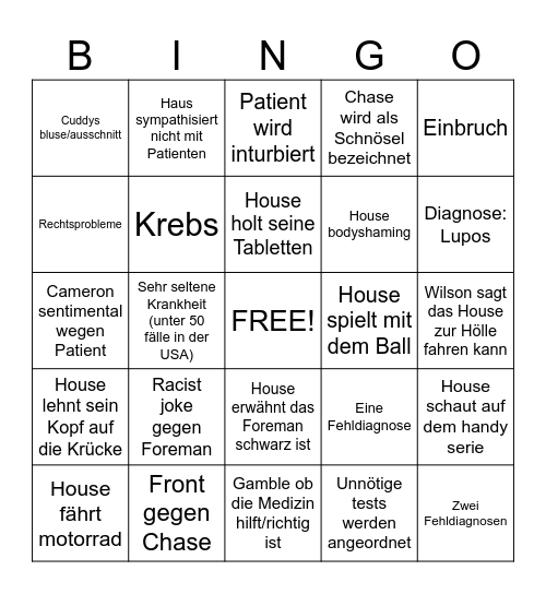 Dr. House Bingo Card