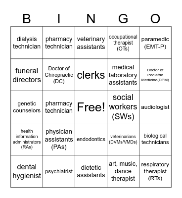 Careers in Healthcare Bingo Card