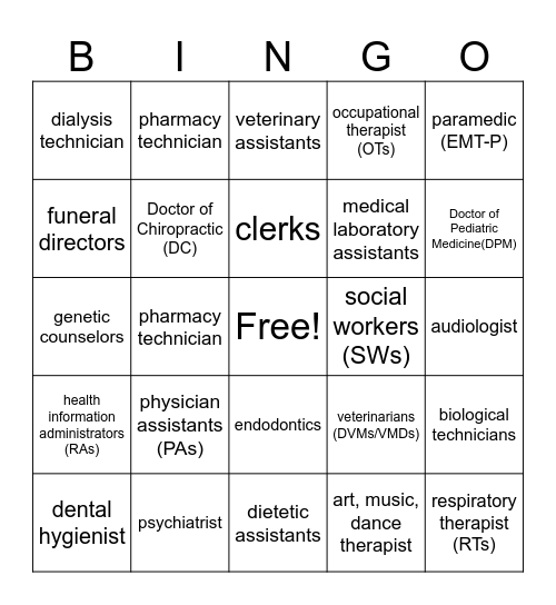 Careers in Healthcare Bingo Card