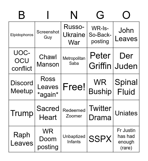 Orthodox West Bingo Card