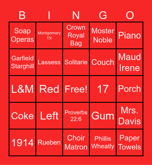 The Emily Mae Nobles Family Reunion Bingo Card