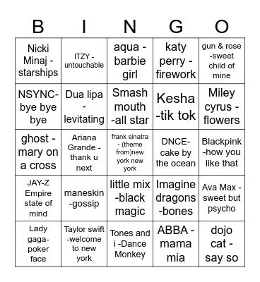 song bingo Card