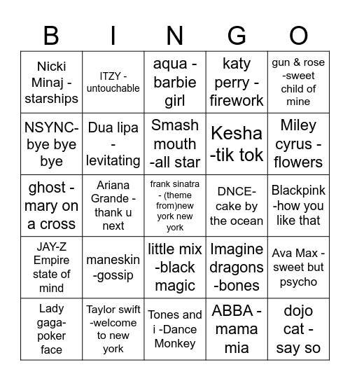 song bingo Card