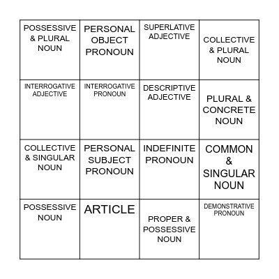 PARTS OF SPEECH BINGO: NOUNS, PRONOUNS, AND ADJECTIVES Bingo Card