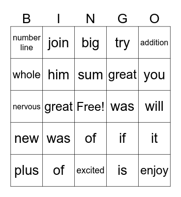 Sight Word Bing Bingo Card