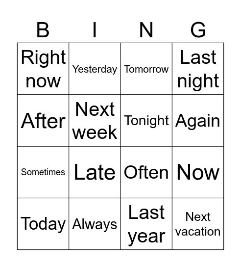 Adverbs of time Bingo Card